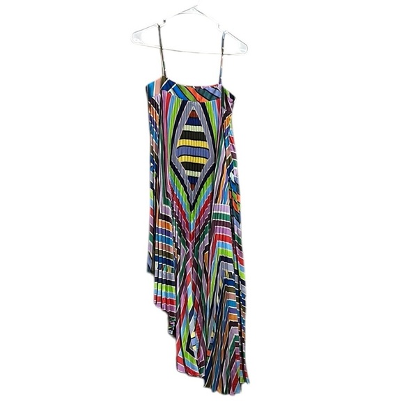MILLY Irene Pleated Dress Asymmetrical Colorful Square Neck Side Zipper Size 2 - Picture 3 of 11